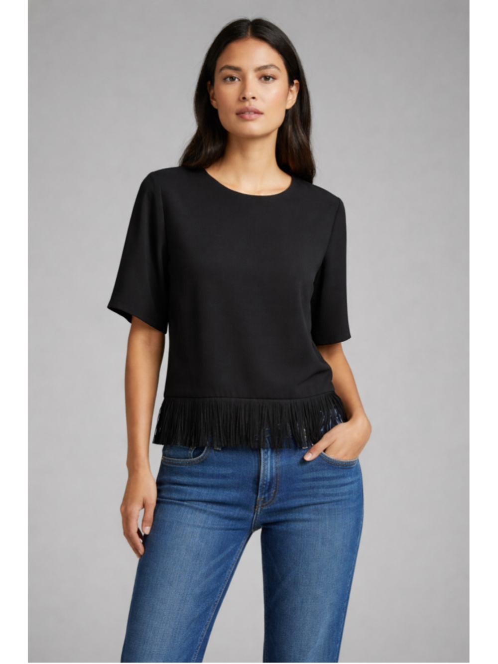 Banana Republic Black Short Sleeve Fringe Top Size SP (18” PTP) NWT